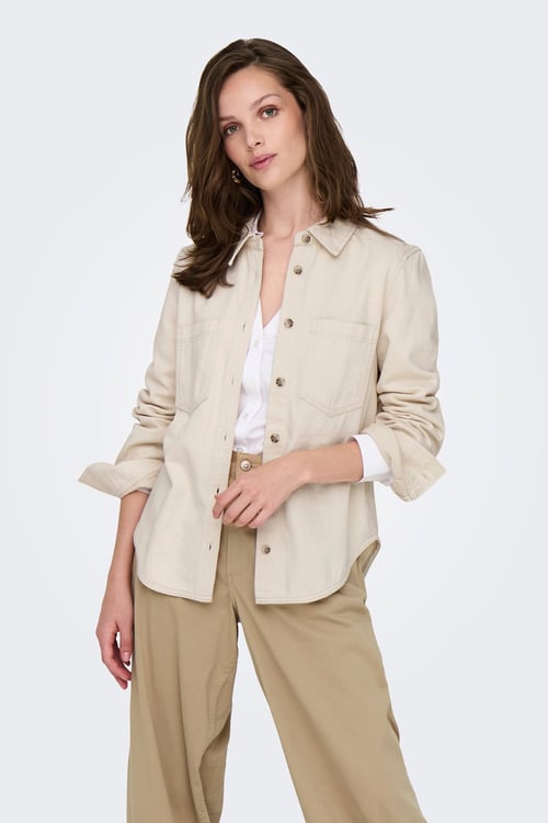 Onlsilla % 100 Pamuk Slim Fit Çift Cepli Kadın Kot Gömlek 15338783 EKRU