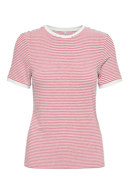 Onltine Çizgili Fitted Bisiklet Yaka Kadın T Shirt 15315406 EKRU-KIRMIZI