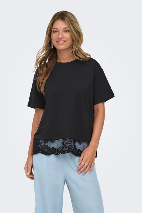 Onlvivvi Pamuklu Bisiklet Yaka Dantel Detaylı Kadın T Shirt 15385031 SİYAH