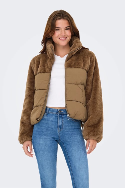 Onlwanja Regular Fit Peluş Detaylı Şişme Kadın Mont 15292945 KAHVE