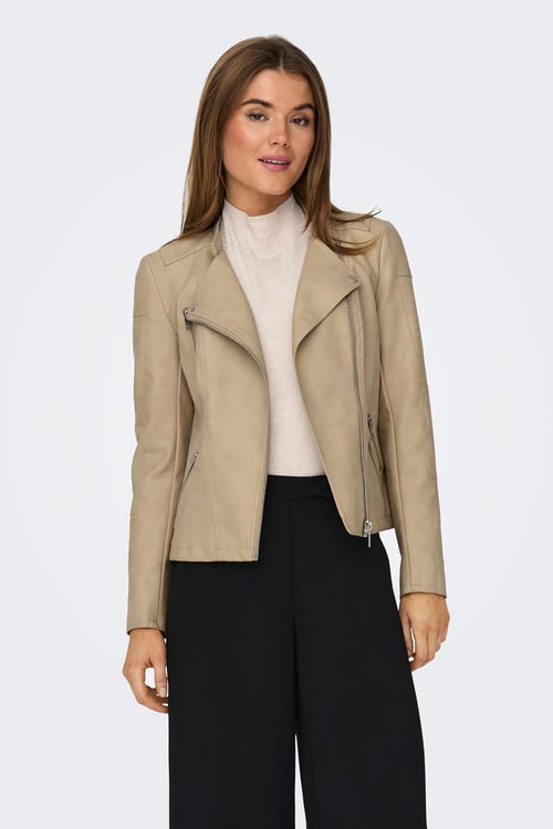 Only Onlava Regular Fit Fermuarlı Suni Bayan Deri Ceket 15102997 BEJ