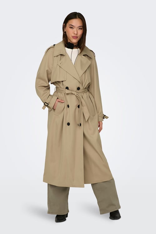 Only Onlchloe Straight Fit Kruvaze Yaka Midi Boy Kemerli Bayan Trençkot 15242306 BEJ