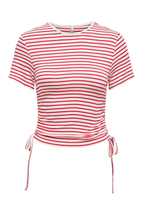 Only Onldevin Slim Fit Bisiklet Yaka Çizgili Büzgü Detaylı Bayan T Shirt 15346302 KIRMIZI-KREM
