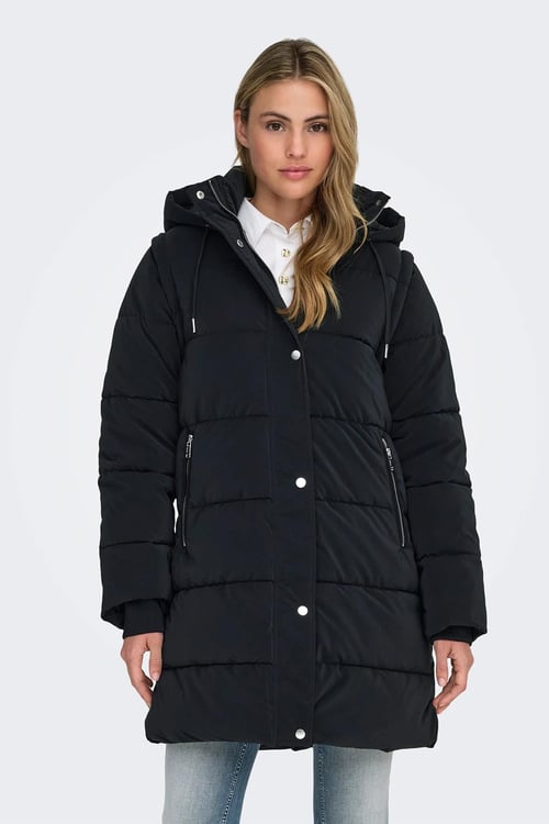 Only Onldixie Kapitoneli Regular Fit Kapüşonlu Uzun Bayan Mont 15349120 SİYAH