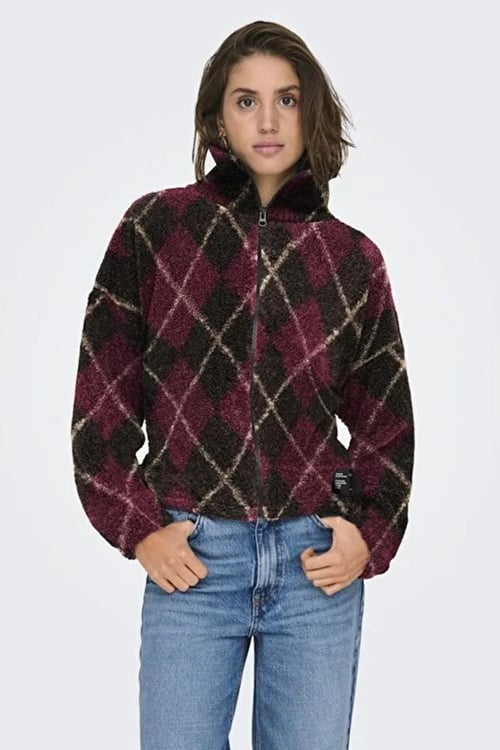 Only Onleline Baklava Desenli Regular Fit Dik Yaka Polar Bayan Sweat 15333914 SİYAH-VİŞNE