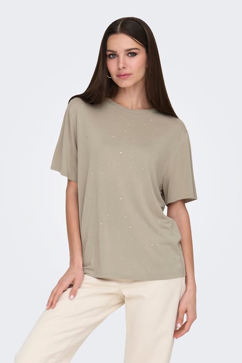 Only Onlfree Taşlı Regular Fit Bisiklet Yaka Kadın T Shirt 15343270 BEJ
