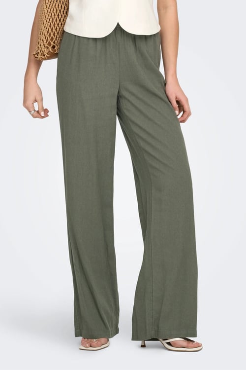 Only Onlgoa Keten Karışımlı Straight Fit Orta Bel Kadın Pantolon 15363676 Olive