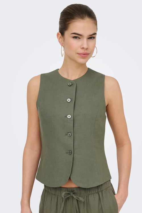 Only Onlgoa Regular Fit Bisiklet Yaka Düğmeli Kadın Yelek 15363724 HAKİ