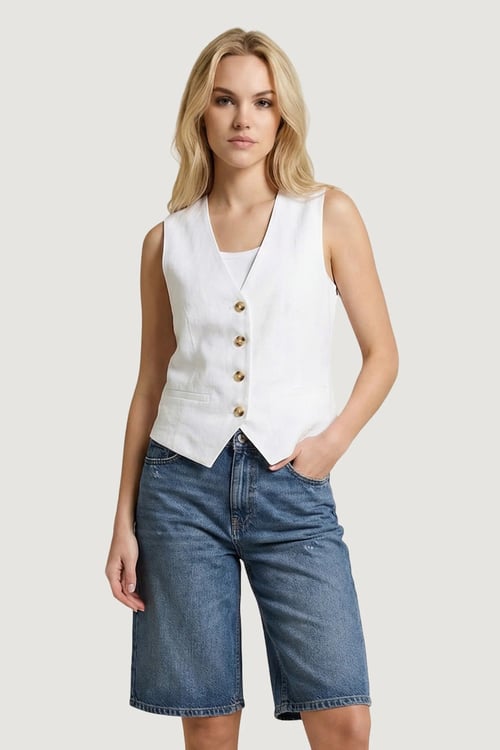 Only Onlita % 100 Pamuk Regular Fit V Yaka Kadın Yelek 15370277 BEYAZ