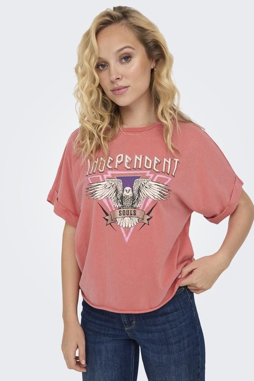 Only Onllucy Baskılı % 100 Pamuk Regular Fit Bisiklet Yaka Bayan T Shirt 15316637 GÜL