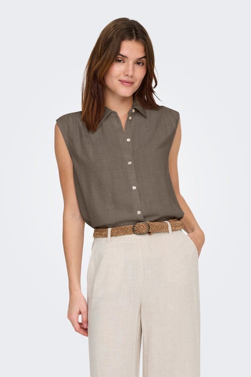 Only Onlsiesta Keten Karışımlı Regular Fit Klasik Yaka Kadın Bluz 15367416 VİZON