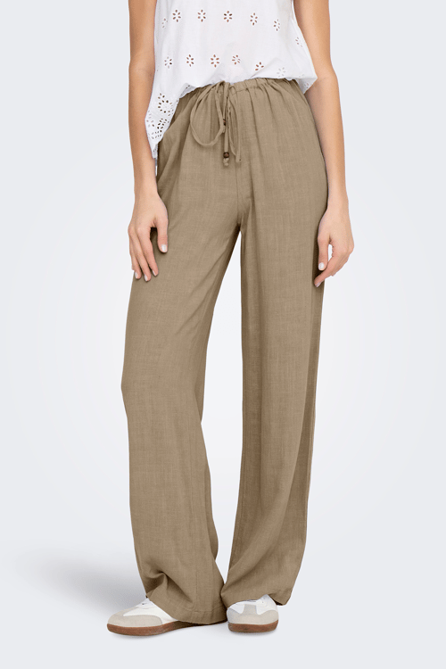 Only Onlsolvi Regular Fit Normal Bel Geniş Paça Keten Karışımlı Bayan Pantolon 15338692 BEJ