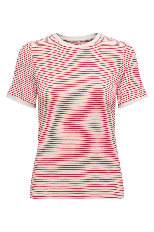 Only Onltine Çizgili Fitted Bisiklet Yaka Bayan T Shirt 15315406 KIRMIZI-BEYAZ