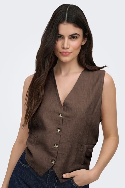 Only Onltizana % 100 Pamuk Regular Fit V Yaka Kadın Yelek 15337097 KOYU KAHVE