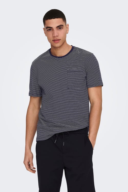 Only & Sons Onsbale Çizgili % 100 Pamuk Regular Fit Bisiklet Yaka Erkek T Shirt 22025680 KOYU LACIVERT