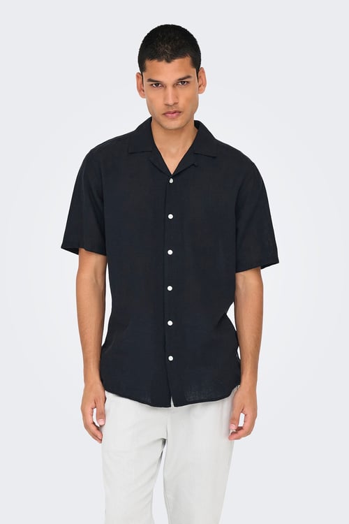Only & Sons Onscaiden Keten ve Pamuk Karışımlı Slim Fit Kısa Kollu Erkek Gömlek 22025116 SİYAH