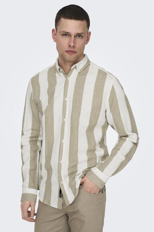 Onsarlo Pamuk ve Keten Karışımlı Slim Fit Erkek Gömlek 22028040 BEJ-BEYAZ