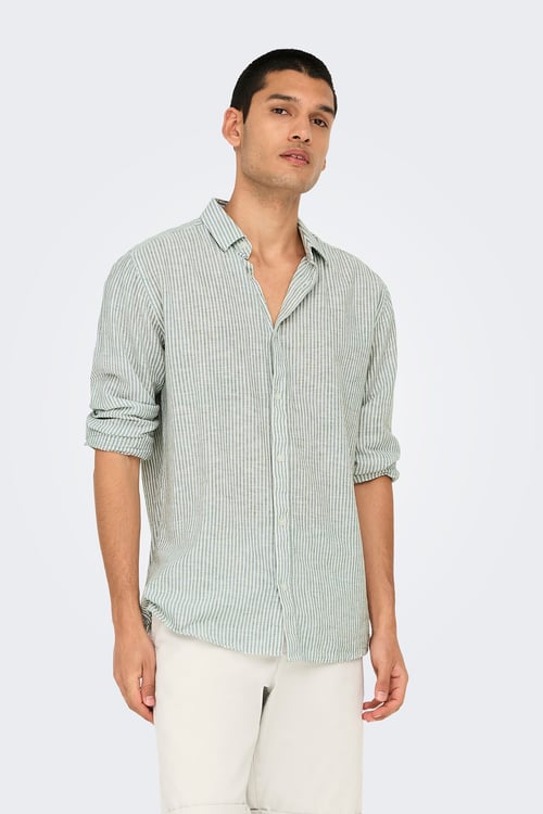 Onscaiden Çizgili Pamuk ve Keten Karışımlı Slim Fit Erkek Gömlek 22026601 Krem-Yeşil