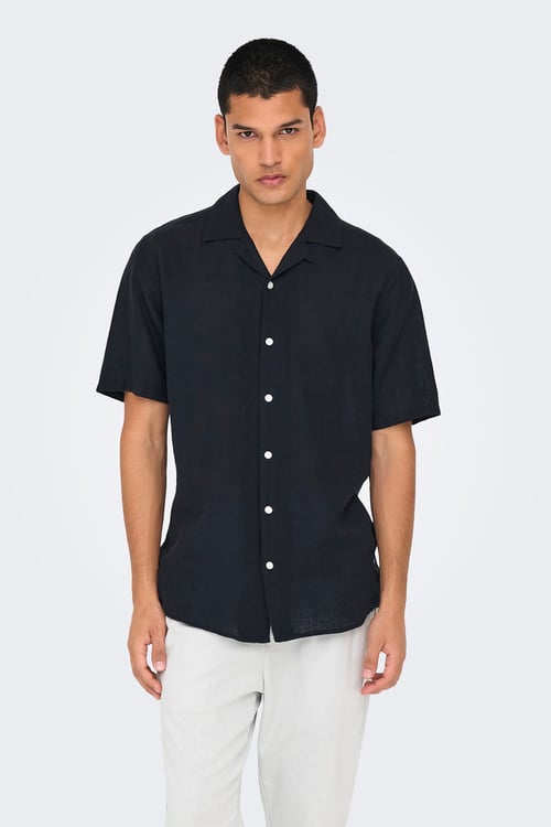 Onscaiden Keten ve Pamuk Karışımlı Slim Fit Kısa Kollu Erkek Gömlek 22025116 SİYAH