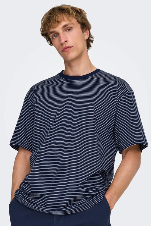 Onsfred Pamuklu Relaxed Fit Çizgili Bisiklet Yaka Erkek T Shirt 22036384 LACİVERT
