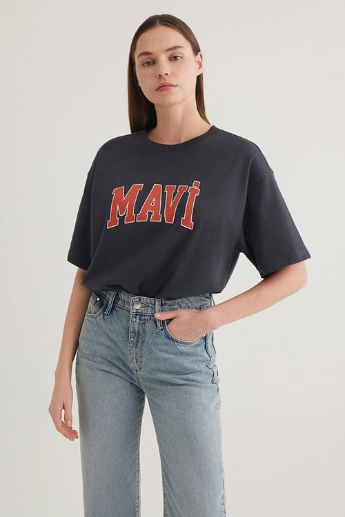 Oversize Bisiklet Yaka Logolu Kadın T Shirt 1600843-82185 ANTRASİT
