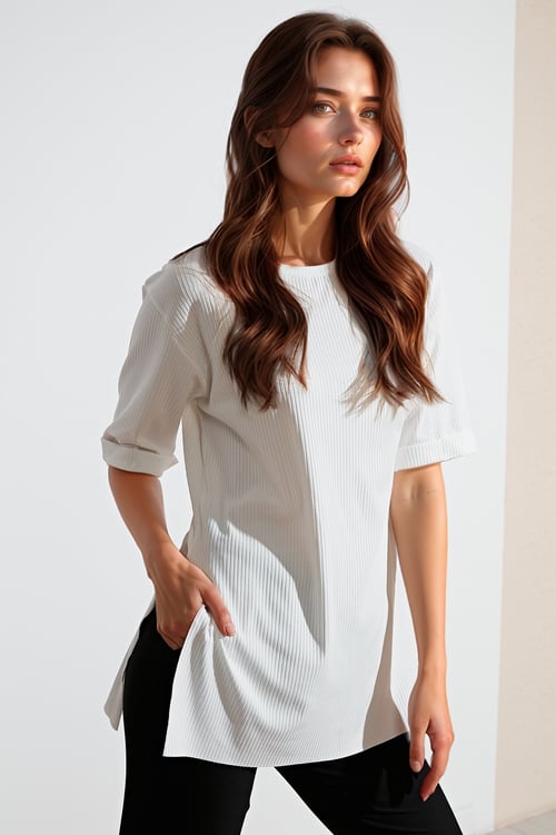 Oversize Bisiklet Yaka Yırtmaç Detaylı Kadın Bluz 5869000 EKRU