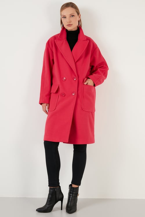 Oversize Çift Düğmeli Kruvaze Yaka Uzun Kadın Kaban 6230043 FUŞYA