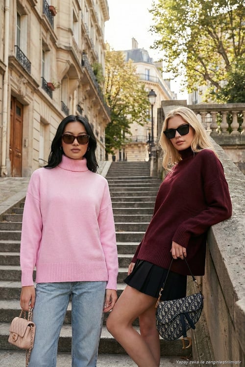 Oversize Fit Balıkçı Yaka Yumuşak Dokulu 2'li Paket Triko Kadın Kazak 680KZ00469S2 Bordo-Şeker Pembe