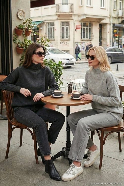 Oversize Fit Balıkçı Yaka Yumuşak Dokulu 2'li Paket Triko Kadın Kazak 680KZ00469S2 Antrasit-Açık Gri
