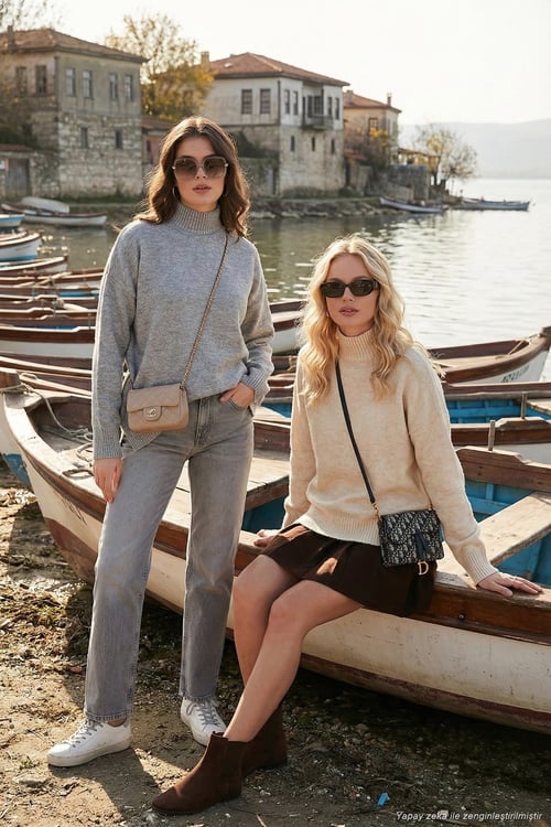 Oversize Fit Balıkçı Yaka Yumuşak Dokulu 2'li Paket Triko Kadın Kazak 680KZ00469S2 Açık Gri-Taş