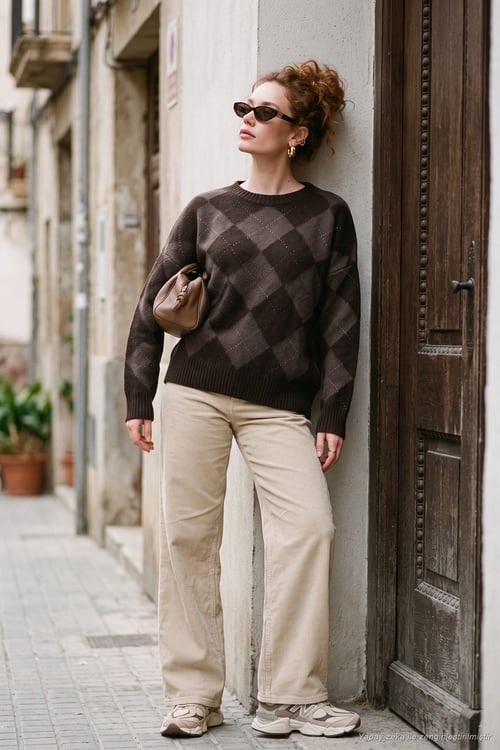Oversize Fit Bisiklet Yaka Baklava Desenli Kadın Kazak 4615579 KAHVE