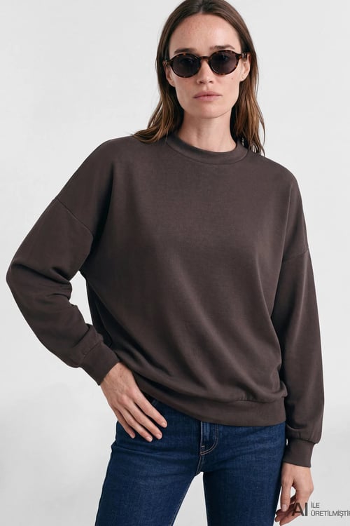 Oversize Fit Bisiklet Yaka Kadın Sweat 168837-89103 KOYU KAHVE