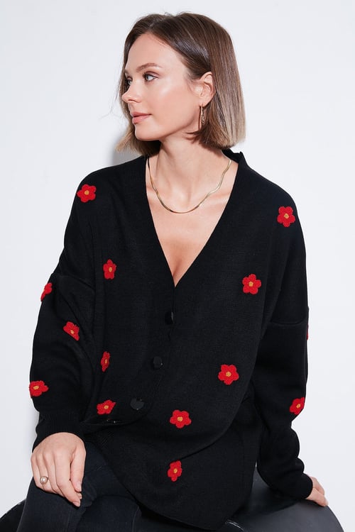 Oversize Fit Çiçekli Düğmeli V Yaka Soft Akrilik Kadın Hırka 4616192 SİYAH