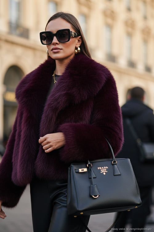 Oversize Fit Gömlek Yaka Cepli Astarlı  Mont Kadın Kürk 497BERRY BORDO