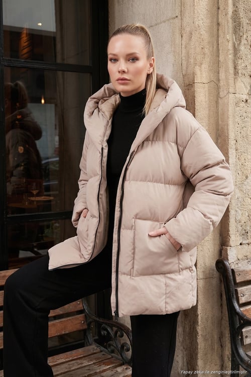 Oversize Fit Kapüşonlu Şişme Kadın Mont 640Y047 TAŞ