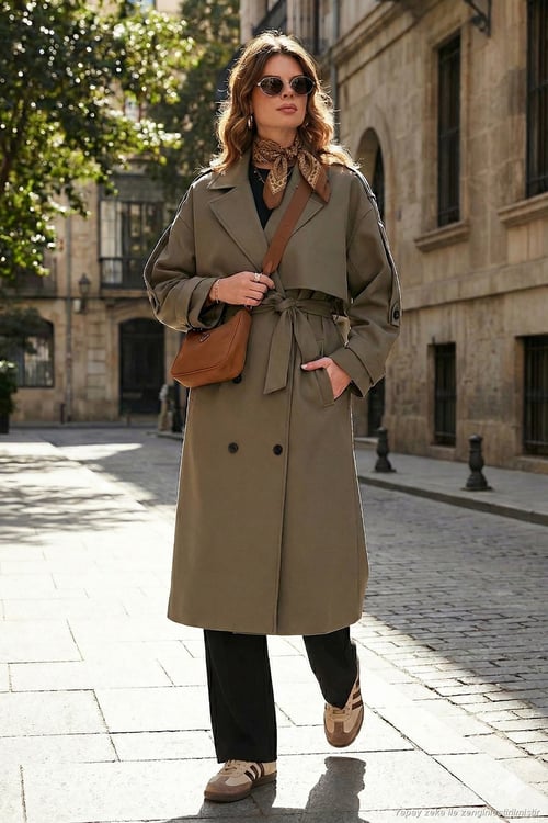 Oversize Fit Kruvaze Yaka Düğmeli Kemerli Uzun Kadın Trençkot 6839476 KARAMEL