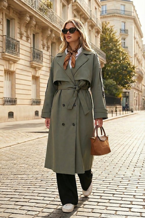Oversize Fit Kruvaze Yaka Düğmeli Kemerli Uzun Kadın Trençkot 6839476 HAKİ