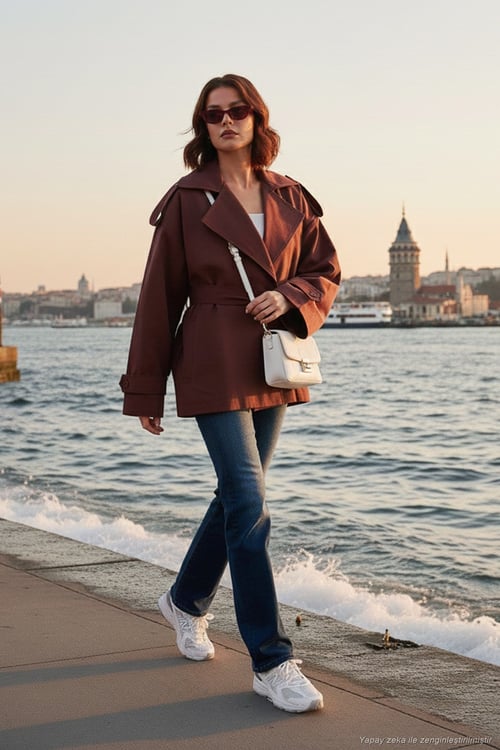 Oversize Fit Kruvaze Yaka Kuşaklı Düğmeli Kadın Trençkot 6839609 BORDO