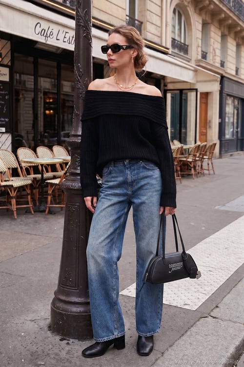 Oversize Fit Madonna Yaka Triko Kadın Kazak 4615216 SİYAH