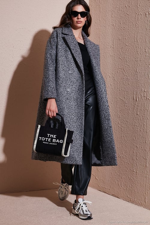 Oversize Fit Mono Yaka Düğmeli Buklet Uzun Kaşe Kadın Kaban 6810236 ANTRASİT