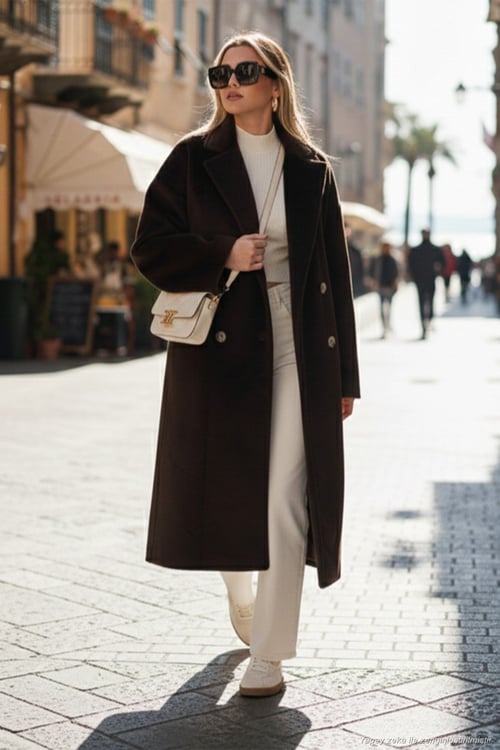 Oversize Kruvaze Yaka Yumuşak Dokulu Uzun Kadın Kaban 6839610 KAHVE