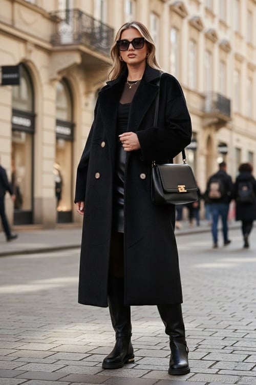 Oversize Kruvaze Yaka Yumuşak Dokulu Uzun Kadın Kaban 6839610 SİYAH