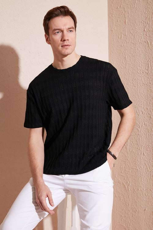 Pamuk Karışımlı Bisiklet Yaka Regular Fit Erkek T Shirt CF24S218001 SİYAH