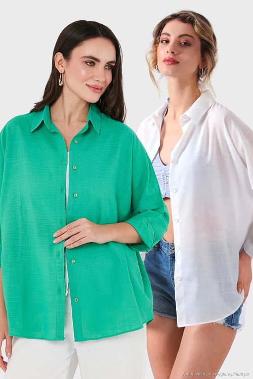Pamuk Karışımlı Oversize Fit Uzun Kollu 2'li Paket Kadın Gömlek 6781001S2 BEYAZ-YEŞİL
