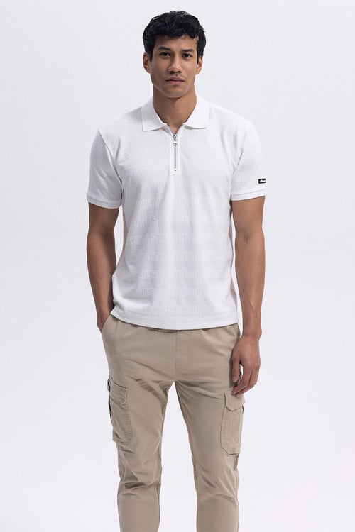 Pamuk Karışımlı Regular Fit Yarım Fermuarlı Erkek Polo Yaka T Shirt EM493-OF BEYAZ