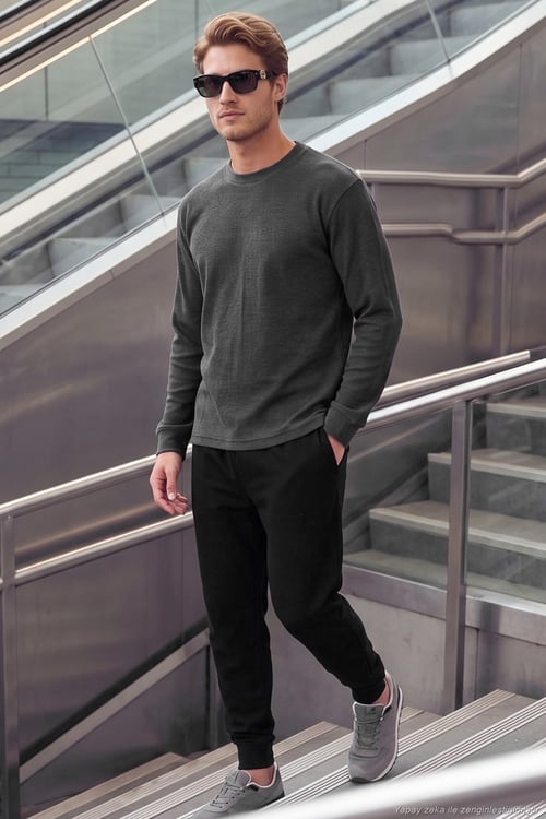 Pamuk Karışımlı Relaxed Fit Bisiklet Yaka Erkek Sweat 5905837 ANTRASİT