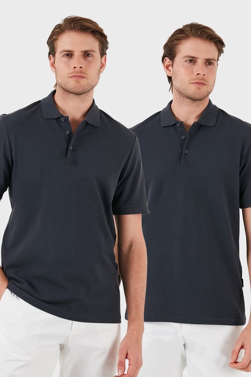 Pamuk Regular Fit Düğmeli 2'li Paket Erkek Polo Yaka T Shirt 5902127S2 Antrasit-Antrasit