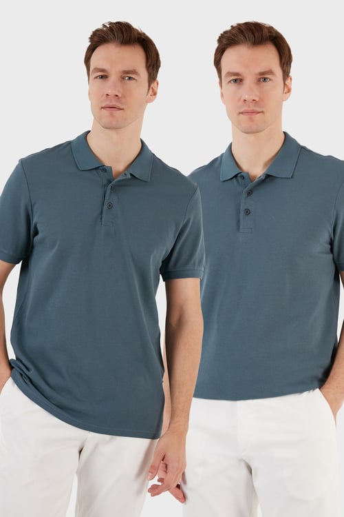 Pamuk Regular Fit Düğmeli 2'li Paket Erkek Polo Yaka T Shirt 5902127S2 Petrol-Petrol