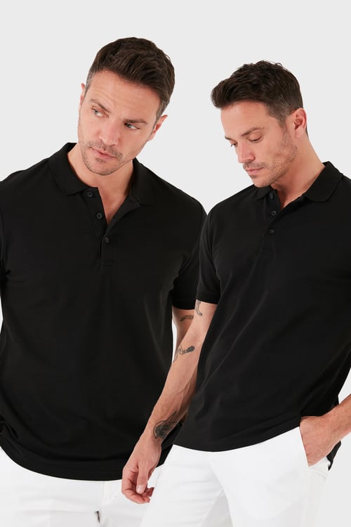 Pamuk Regular Fit Düğmeli 2'li Paket Erkek Polo Yaka T Shirt 5902127S2 SİYAH-SİYAH