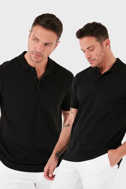 Pamuk Regular Fit Düğmeli 2'li Paket Erkek Polo Yaka T Shirt 5902127S2 SİYAH-SİYAH